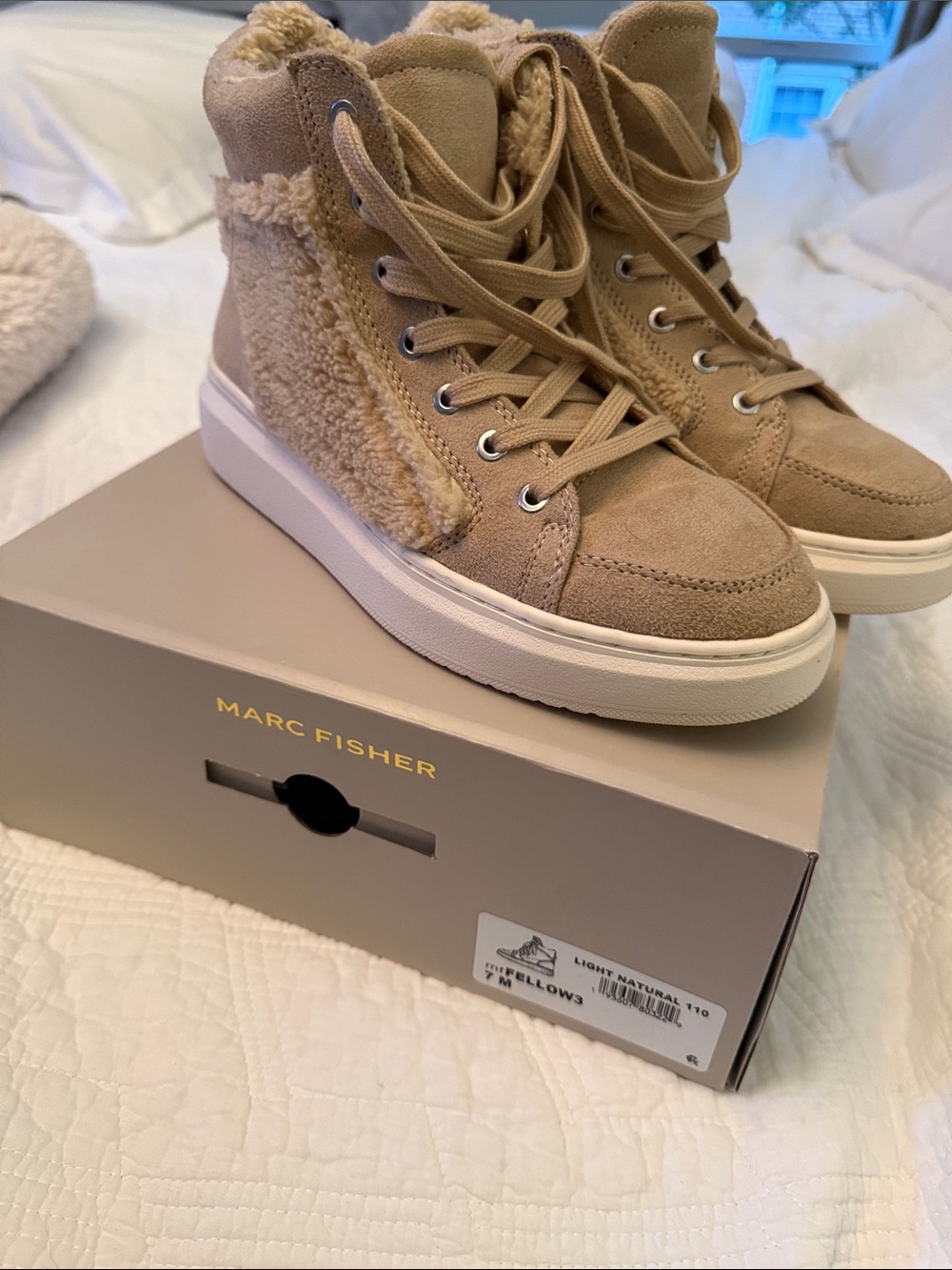 Marc Fisher Light Natural Suede Sherpa High-Top Sneakers